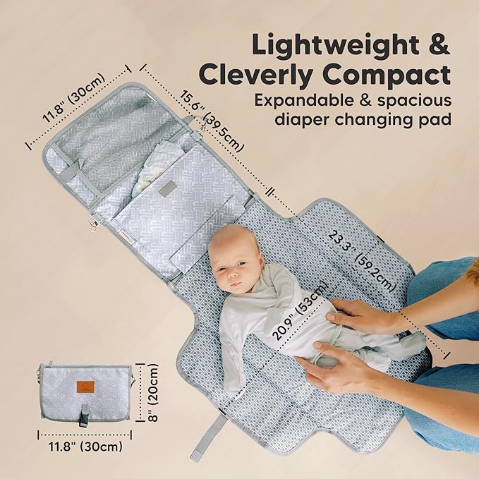 KeaBabies Portable Diaper Changing Pad, Travel, Car - Large Waterproof Baby Changing Mat, Wipeable, Padded, On The Go Travel Diaper Clutch Bag, Easy to Use Pockets for Newborn Essentials (Gray Mod)