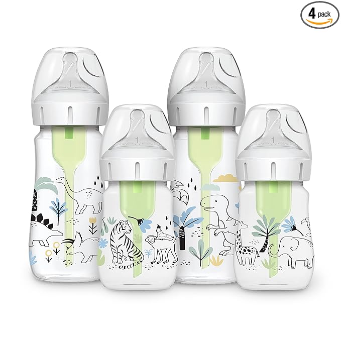Dr. Brown's Anti-Colic Options + Wide-Neck Baby Bottle Designer Edition, Jungle, 5 oz/150 mL + Dino, 9oz/270mL, with Level 1 Slow Flow Nipple, BPA-Free, 0m+, 4-Pack
