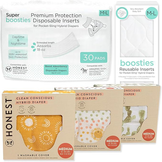 Honest Hybrid Cloth Diaper Cover + Super Boosties Disposable Inserts 30ct + Reusable Inserts, Medium (12-25 lbs), Cotton Muslin Honest Covers Feature Pocket-Sling, Starter Kit