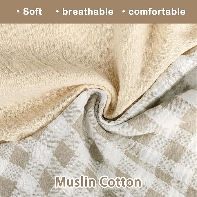 DILIMI Muslin Nursing Pillow Cover 2 Pack, Removable Nursing Cover for Breastfeeding Pillows, Ultra Soft Comfortable Slipcover for Baby Girl and Boy, Beige and Khaki Checkered
