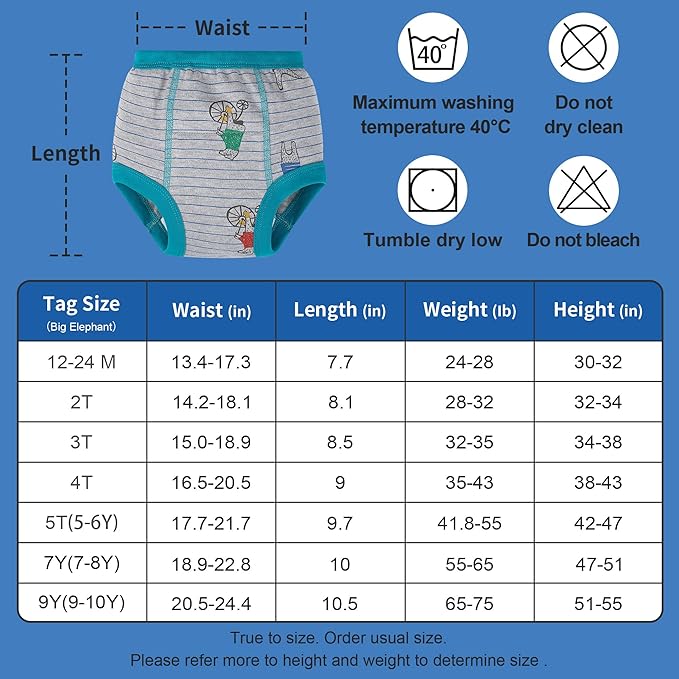 BIG ELEPHANT 10-Pack Baby Potty Training Underwear, Soft 100% Cotton Absorbent Training Pants for Boys & Girls, 2T