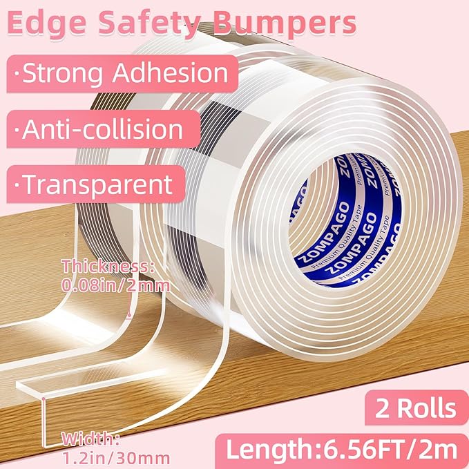 ZOMPAGO Clear Soft Corner Protectors for Baby Safety Furniture Strip 2 Rolls 1.2in x 6.56FT(L),Sharp Edge Table Corner Bumpers,Wall Corner Guards,Baby Proof Corner Protectors for Cabinet & Window Edge
