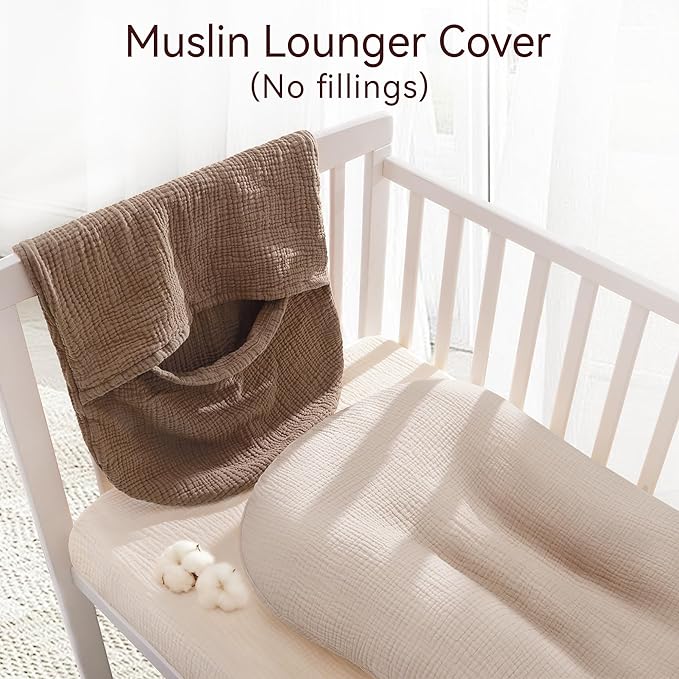 Muslin Baby Lounger Cover 2 Pack, Cotton Soft Breathable Infant Nest Slipcovers, Envelope Closure, Compatible with Snuggle Me Loungers, Machine Washable, Cover Only, for Boys Girls(Brown & Beige)