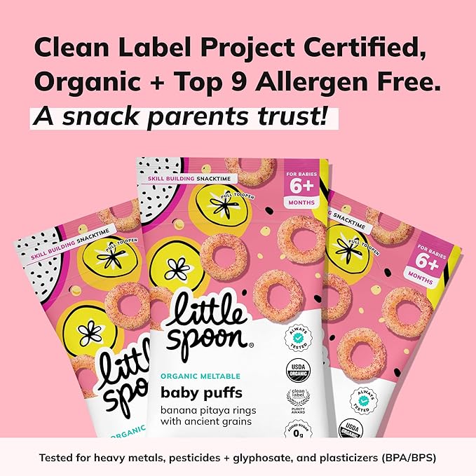 Little Spoon Banana Pitaya Meltable Baby Puffs, Organic Corn Quinoa Sorghum, No Rice, No Added Sugar Snacks, Encourages Self-Feeding, 1 Oz Bag, 4 Pack
