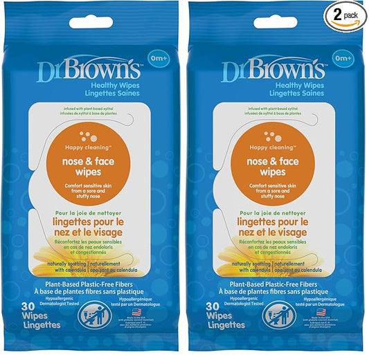 Dr. Brown's Nose and Face Healthy Wipes, Safe Cleaning and Moisturizing for Babies and Toddlers, Hypoallergenic for Sensitive Skin, 30 count, 2-Pack (Packaging May Vary)
