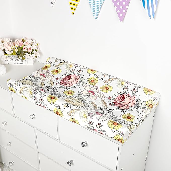 Changing Pad Cover, Diaper Baby Changing Table Covers for Girls & Boys, HNHUAMING Soft Fitted Changing Mat Cover Stretchy Nursery Changing Pad Sheets, Floral (32 X 16 Inches)