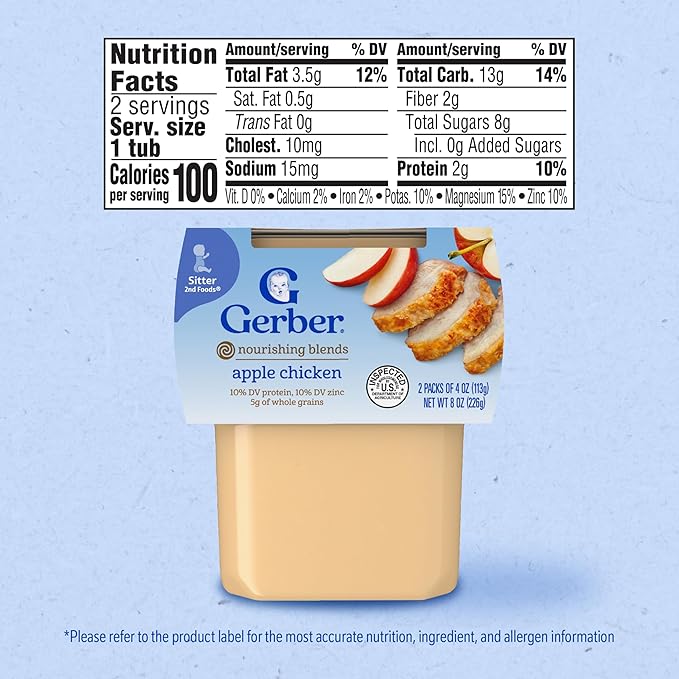 Gerber Stage 2 Baby Food, Apple Chicken, 4 oz Tub (16 Pack)