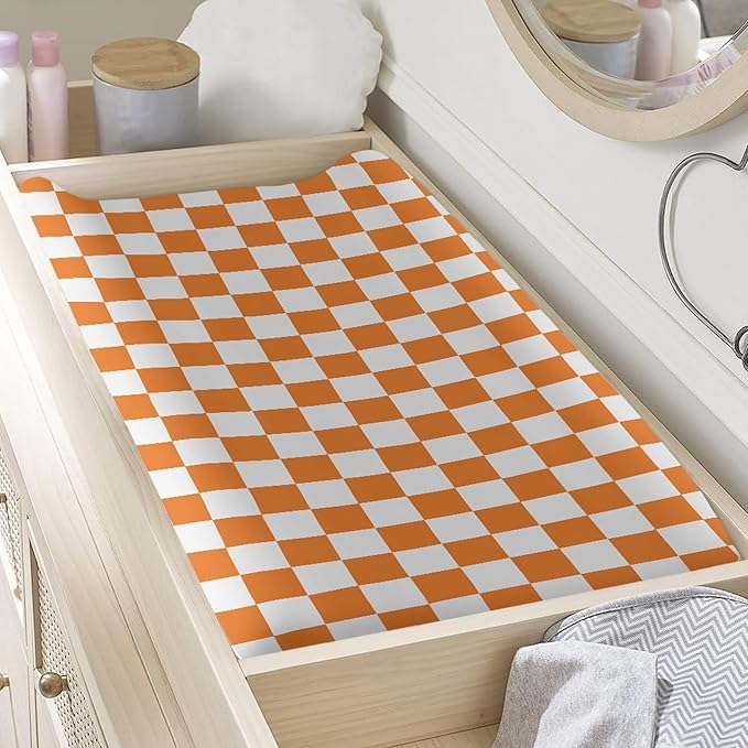 Orange and White Checkered Changing Pad Cover for Baby Girls Boys Cartoon Breathable Diaper Change Table Sheet Soft Stretchy Cute Change Table Mat Cover Fit 32x16