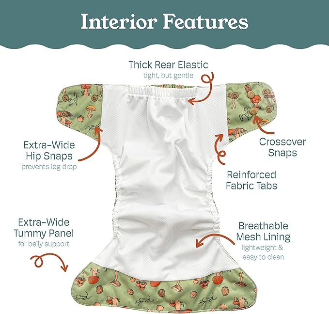 Kinder Cloth Diapers Reusable Baby Diapers Pocket Style Athletic Wicking Jersey, Wet Bag, Newborn to Potty Training 7-60lbs, One Size, Inserts NOT Included (Forest Fairytale, 5 Pack, Without Inserts)