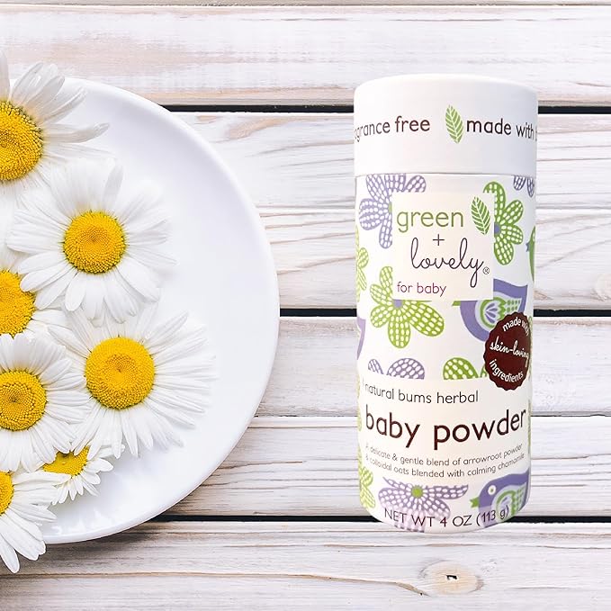 Natural Bums Baby Powder, Natural Arrowroot + Chamomile Based Powder Safe for Sensitive Skin, Corn Free, Calming Oats, Zero Synthetic Scent or Preservatives - 6 Volume oz - green + lovely (2)