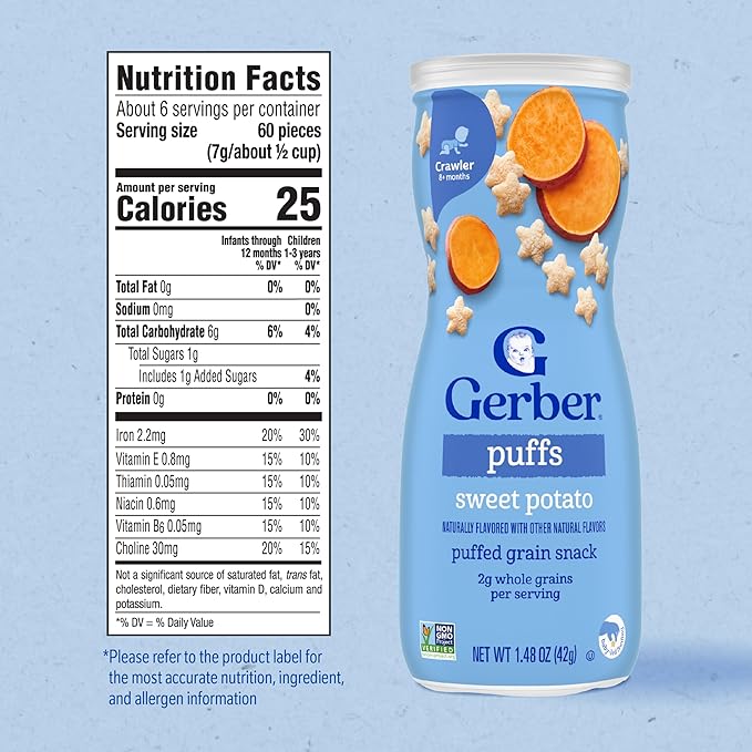 Gerber Stage 3 Baby Snacks, Sweet Potato Puffs, Puffed Grain Snack, Baby Led Feeding, Iron & Choline, Puffs Snacks for Babies, 6-Pack