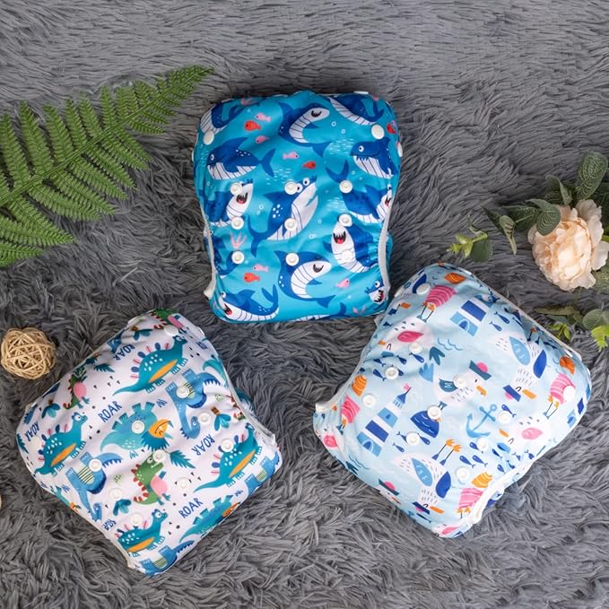 Babygoal Baby Boy Swim Diapers 3 Pack for 0-8 Months Infant, Reusable Adjustable Washable for Swimming Lessons-Dinosaur,Shark,Fish