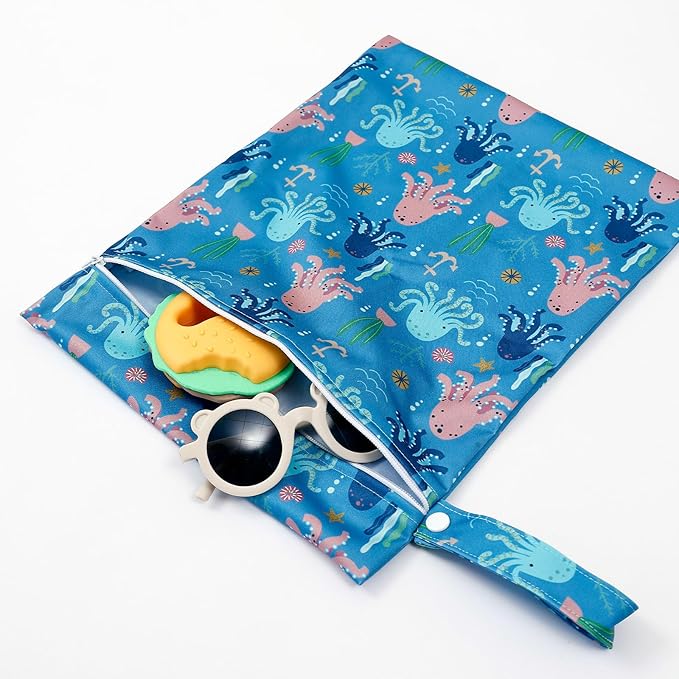 2 Pcs Wet Bags Waterproof Reusable Zippered Pocket Cloth Diaper Bag for Travel Beach Pool Swim, Baby Diapers,Gym Yoga Wet Clothes,Swimsuit,water wipes (Octopus)