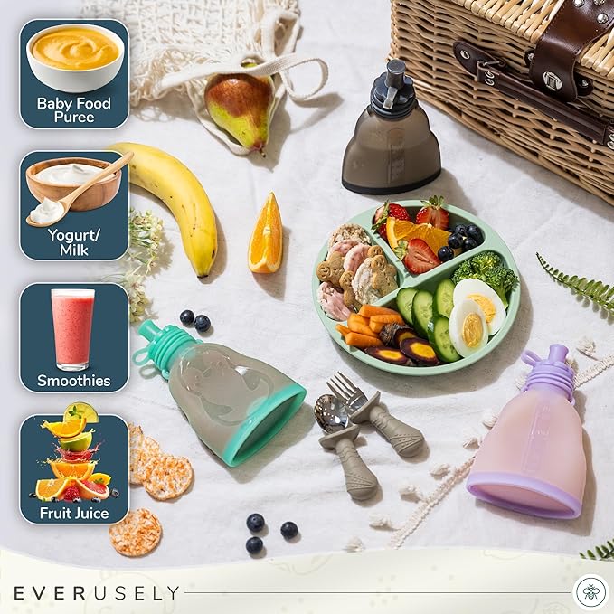 Everusely Reusable Baby Food Pouches for Toddlers - 2 Pack, 6 oz/180 ml, Slate - Squeezable Silicone Food Pouch - Refillable, Leakproof, Spill Proof Puree Containers - BPA Free - Dishwasher Safe