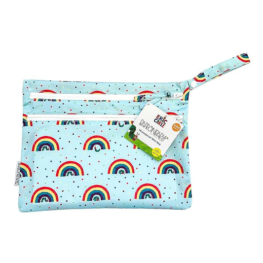 BapronBaby Eric Carle Rainbow Caterpillar Wet Dry Bag - Waterproof Two Zipper Pockets - Reusable for Mealtime, Diapers, Stroller, Snacks, Swimsuits - Machine Washable - 11" x 9"