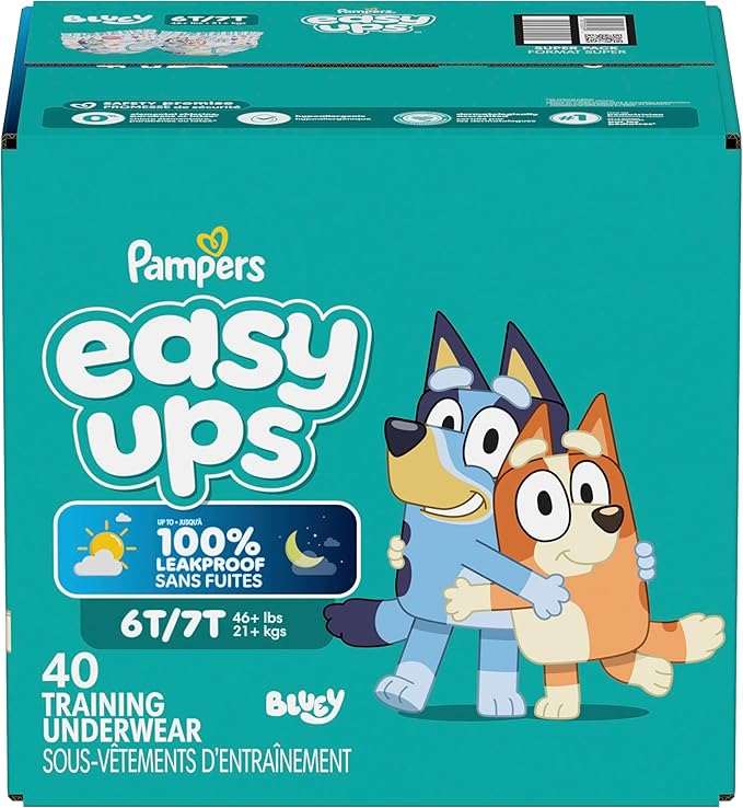 Pampers Easy Ups Girls & Boys Potty Training Pants, Size 6T-7T, 40 Count, Bluey Absorbent Training Underwear, Up to 100% Leakproof Day and Night, Hypoallergenic (Packaging May Vary)