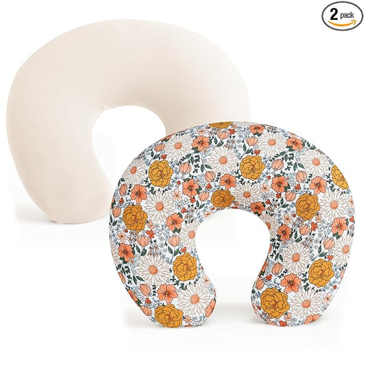 Konssy 2 Pack Nursing Pillow Covers, Stretchy and Soft Nursing Cover for Breastfeeding, Pillow Slipcover for Baby Girls Boys Newborn (Beige, Floral)