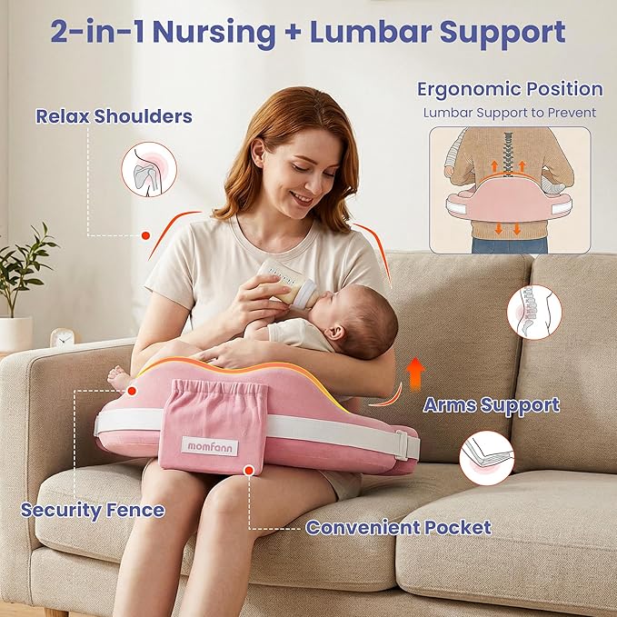 MOMFANN Nursing Pillow for Breastfeeding, 60D Firm Memory Foam, Ergonomic Lumbar Support & Safety Fence, Wider Cushion for Back Pain Relief, Adjustable Strap, Removable Machine Washable Cover - Pink