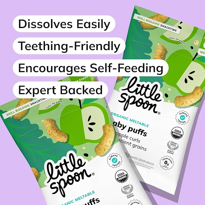 Little Spoon Kale Apple Meltable Baby Puffs, Organic Corn Quinoa Sorghum, No Rice, No Added Sugar Snacks, Encourages Self-Feeding, 1 Oz Bag, 4 Pack