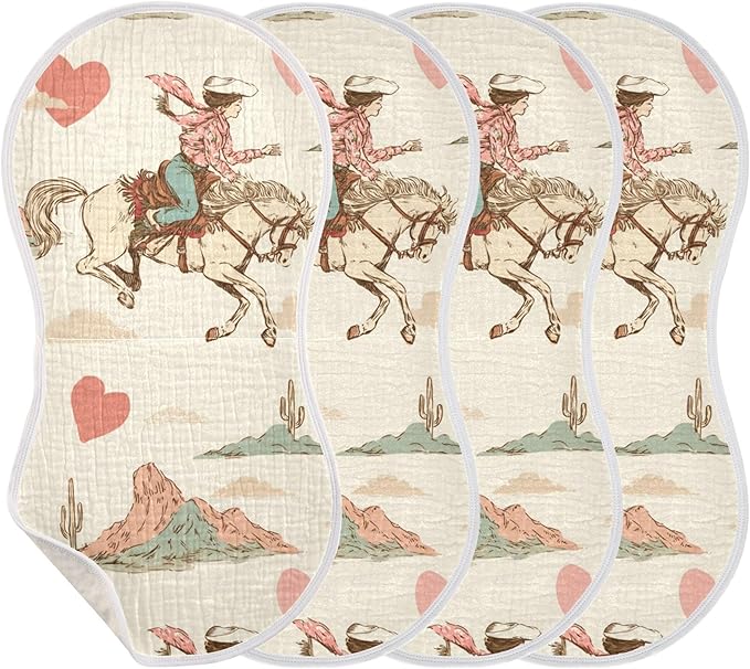 Western Cowgirl Vintage Burp Cloths Baby Boys Girls Absorbent Soft Cotton Burping Cloths Rags 4 Pack