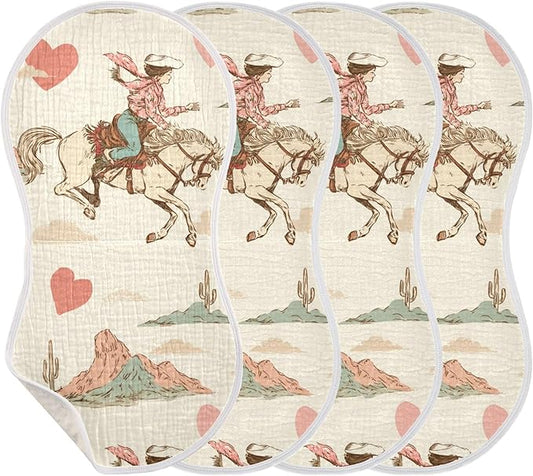 Western Cowgirl Vintage Burp Cloths Baby Boys Girls Absorbent Soft Cotton Burping Cloths Rags 4 Pack