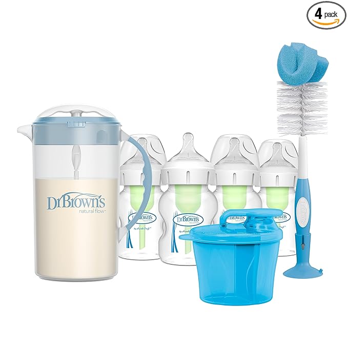 Dr. Brown's Wide-Neck Baby Bottles 5 oz/150 mL, 4 Pack, with Travel Formula Dispenser, Formula Mixing Pitcher, and Reusable Sponge Baby Bottle Cleaning Brush, Blue