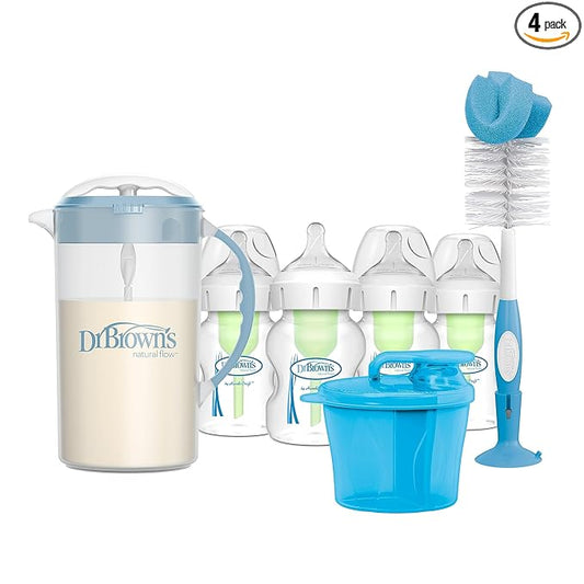 Dr. Brown's Wide-Neck Baby Bottles 5 oz/150 mL, 4 Pack, with Travel Formula Dispenser, Formula Mixing Pitcher, and Reusable Sponge Baby Bottle Cleaning Brush, Blue