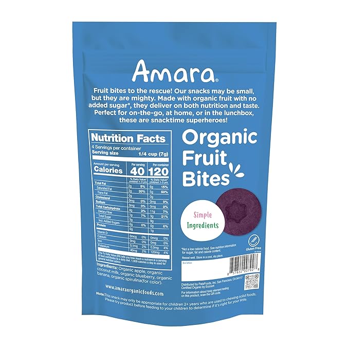 Amara Organic Fruit Bites Blueberry - No Artificial Colors/Dyes, No Added Sugar, Dairy-Free Fruit Snacks, Made with Organic Whole Foods, Healthy Fruit Snacks for Kids - 6 Pack