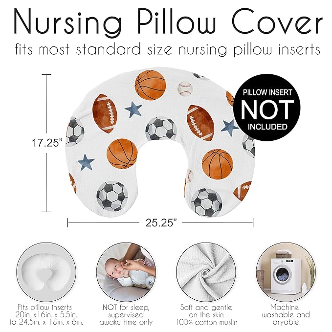 Sweet Jojo Designs 2-Piece Muslin Nursing Pillow Covers Set (Sports Theme) for Newborn Baby Boys 100% Cotton Breastfeeding Pillowcases-PILLOW NOT INCLUDED (Solid Blue, Watercolor Vintage Sport Themed)
