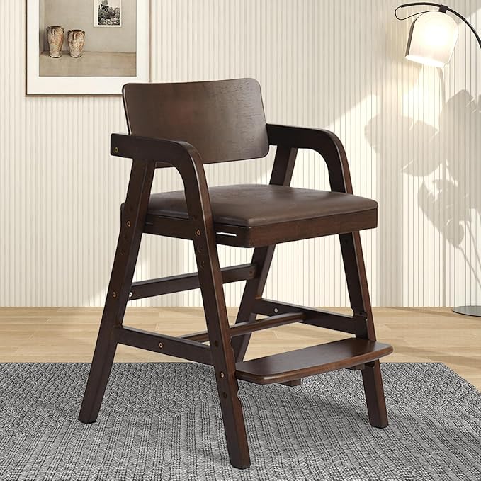 Solid Wood High Chair for Toddlers to Teens, Adjustable Height Toddler Dining Chair, Easy to Clean Toddler Highchair with PU Cushion for Dining, Studying, Step Stool, Walnut