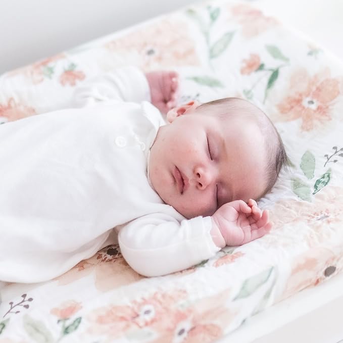 Crane Baby Changing Pad Cover, 100% Cotton Sateen Exterior, Pink Nursery Decor, Pink Floral Baby Changing Table Pad Cover, Fits Standard 16" x 32", Floral Nursery Decor, Change Table Sheets