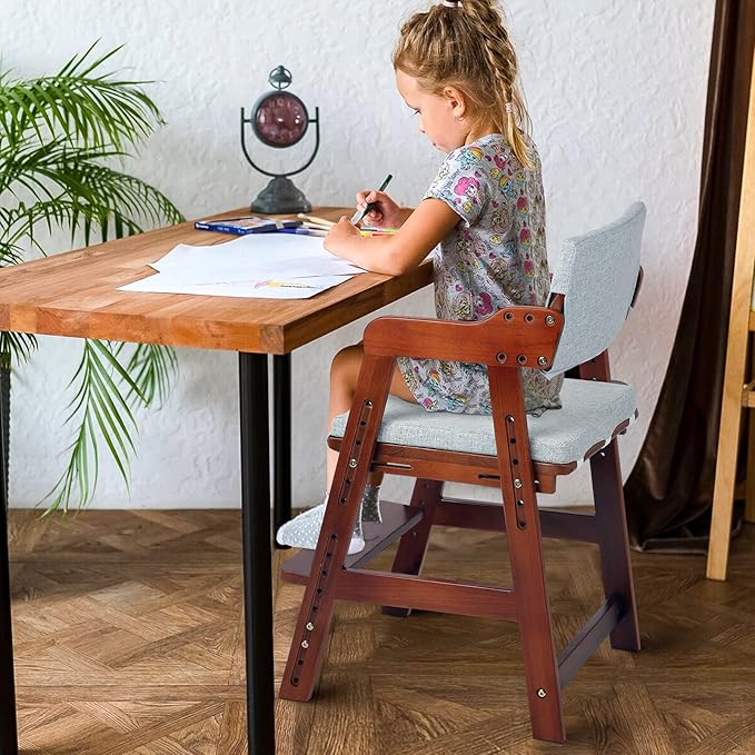 Ezebaby Wooden High Chair for Toddlers to Teens Adjustable Kids Learning Chair with Steps, Child Seats with Removable Cushions (Nut-Brown)