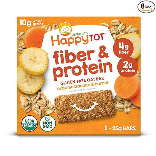 HAPPYTOT Organics Fiber & Protein Soft-Baked Oat Bars Organic Toddler Snack Banana & Carrot, 0.88 Ounce Bars, 5 Count Box (Pack of 6)