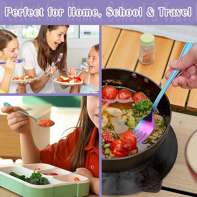 E-far 12-Piece Toddler Silverware, Stainless Steel Kids Utensils Forks and Spoons, Children Safe Mirror Polished Metal Cutlery Set for Self Feeding, 6 Forks & 6 Spoons(Rainbow)