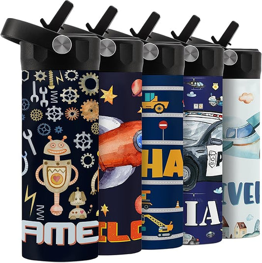 Personalized Kids Water Bottle with Straw Lid - 14 oz - 11 Wraparound Designs, Custom Water Bottle for Children, Back to School Gifts - BPA FREE, Double-Wall Insulated, Birthday Gifts - Robotic