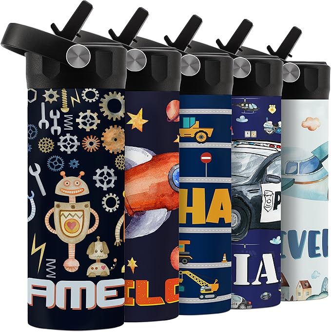 Personalized Kids Water Bottle with Straw Lid - 20 oz - 11 Wraparound Designs, Custom Water Bottle for Children, Back to School Gifts - BPA FREE, Double-Wall Insulated, Birthday Gifts - Robotic