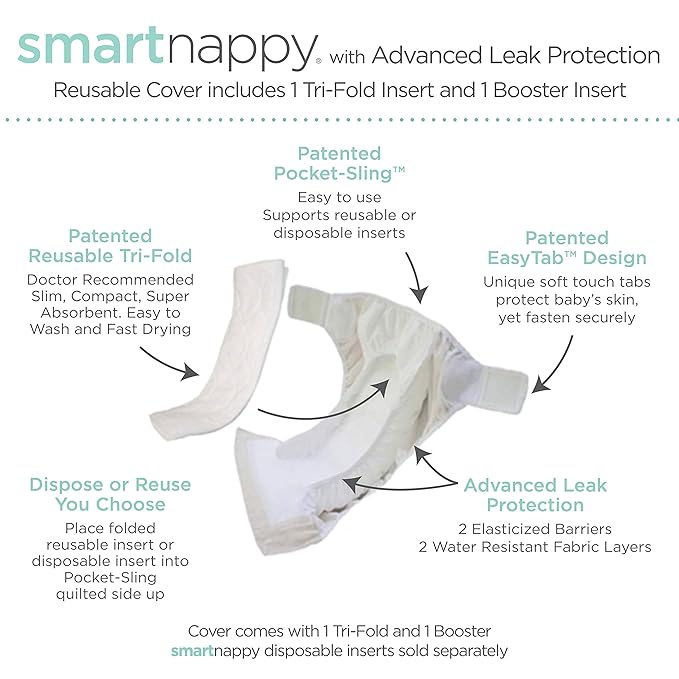 Amazing Baby Hybrid Cloth Diaper Cover with Pocket-Sling, Large, Sz 4 (22-40 lbs), Use Boosties Disposable or Reusable Inserts, Blue Jean, SmartNappy Set includes Cover + Tri-fold Insert + Booster Pad