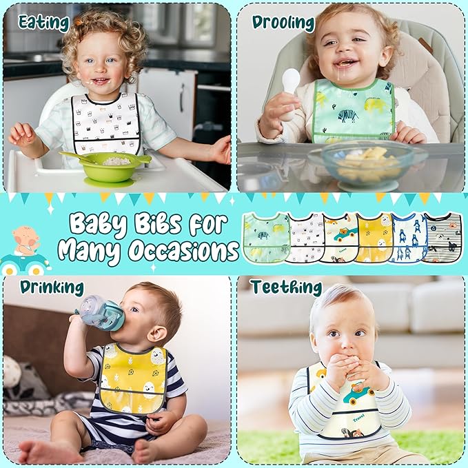 6Pcs Waterproof Toddler Bibs Baby Feeding Bib Set with Crumb Catcher Pocket, Infant Adjustable Baby Teething Bib, Babies Sleeveless Vehicles Food Bibs Keepsake Gift for Baby Shower, 6-24 Months