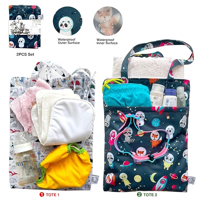 FLOCK THREE 2PCS Bundle Wet Dry Bag Waterproof Tote Reusable Wet Clothes Baby Diapers Stroller Swimsuit Travel Small Larger Electronics Toiletries Pouch Dinosaur and cute Animals