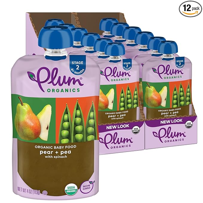 Plum Organics - 6+ Months Organic Baby Food - Pear + Pea & Spinach - Non-GMO - Fruit & Veggie Blends On-The-Go Pouches for Baby & Toddler Meals - Quality Tested Ingredients -4 oz (Pack Of 12)