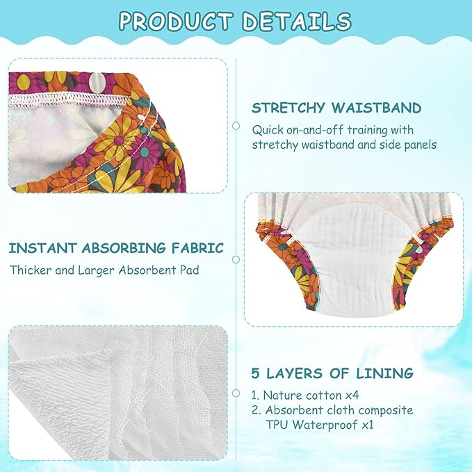 Little Boys Underwear Potty Training Leakproof Bed Wetting Underpants for Kids 4T Colorful Floral Pattern Groovy Flowers