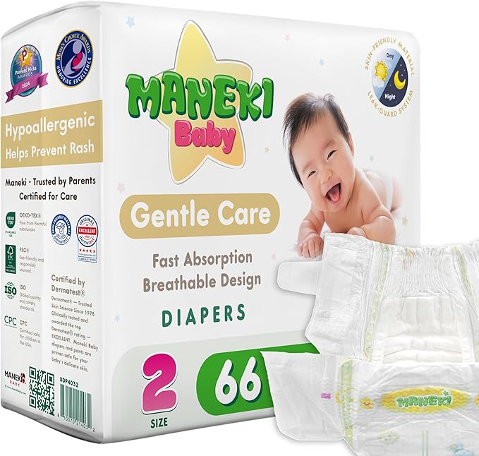 MANEKI Size 2 Diapers, Highly Absorbent Breathable Baby Diapers, Size 2 (9–18 lbs), 66 Count, Hypoallergenic & Fragrance-Free, Day & Night Protection for Sensitive Skin, Packaging May Vary
