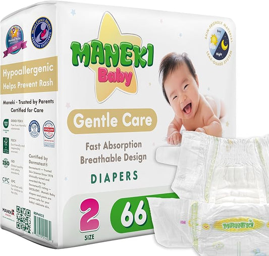MANEKI Size 2 Diapers, Highly Absorbent Breathable Baby Diapers, Size 2 (9–18 lbs), 66 Count, Hypoallergenic & Fragrance-Free, Day & Night Protection for Sensitive Skin, Packaging May Vary