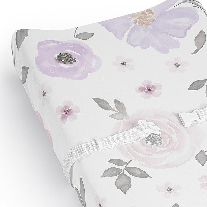 Sweet Jojo Designs Lavender Purple Boho Floral Girl Baby Changing Pad Cover Sheet Infant Newborn Diaper Change Mat Cover Pink Grey Bohemian Farmhouse Shabby Chic Rose Lily Watercolor Flower Elegant