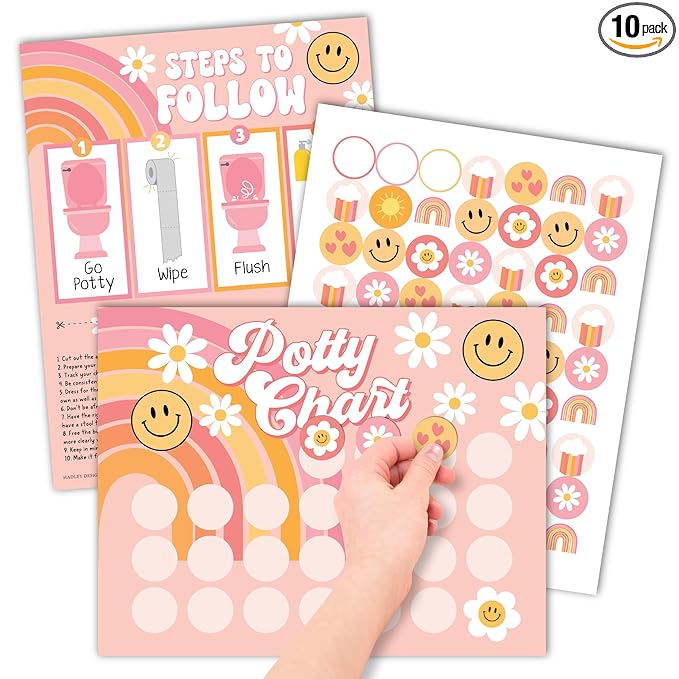 Hadley Designs Potty Training Chart for Toddlers Girls -10 Sticker Potty Chart for Toddlers Girls, 8.5x11" Potty Training Sticker Charts for Toilet Success, Retro Toddler Reward Chart for Kids