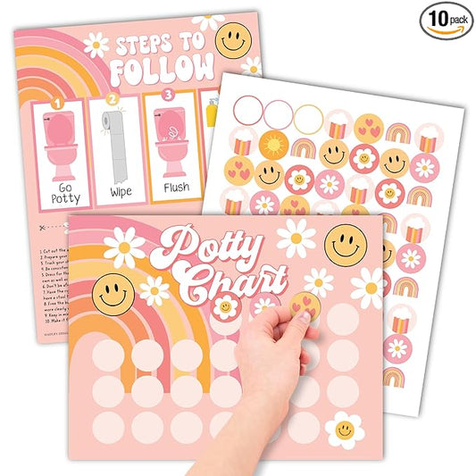 Hadley Designs Potty Training Chart for Toddlers Girls -10 Sticker Potty Chart for Toddlers Girls, 8.5x11" Potty Training Sticker Charts for Toilet Success, Retro Toddler Reward Chart for Kids