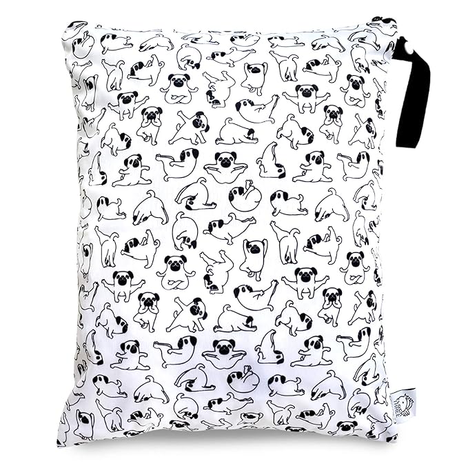 FLOCK THREE Washable and Reusable Wet Bag, Diaper Bag, Water Resistant Swimming Bag, Travel Toiletries Pouch, Yoga Gym Bag (White_YOGADOG)