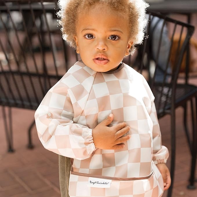 Tiny Twinkle Long Sleeve Bib for Babies&Toddlers|2-Pack Waterproof Smock Bib for Eating|Machine Washable&Mess-Proof Feeding Essentials|Newborn Shower Gift(Sage,Beige Checkers,6-24M)