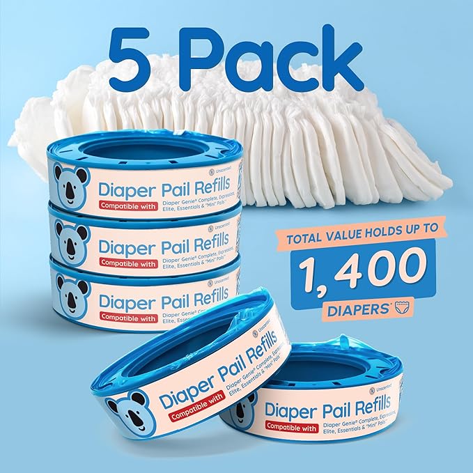 Reli. Diaper Pail Refill Bags, Compatible with Genie Complete, Expressions (5 Pack) | Pail Refills Unscented | Odor Blocking, Strong, Easy Replacement | Holds up to 1,400 Newborn Diapers