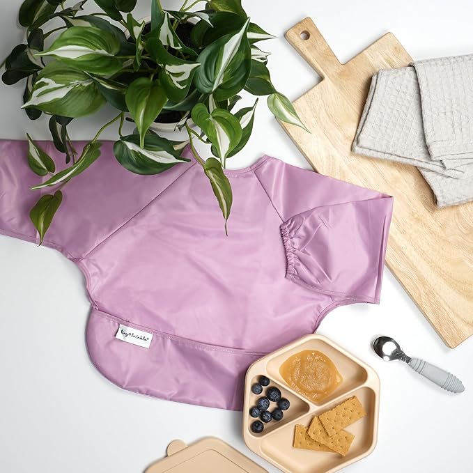 Tiny Twinkle Long Sleeve Bib for Babies & Toddlers | 2-Pack Waterproof Smock Bib for Eating | Machine Washable & Mess-Proof Feeding Essentials | Newborn Shower Gift (Taupe Lilac,6–24M)